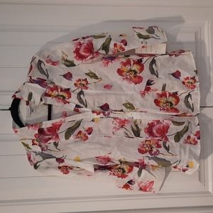 NWT White Floral Button Down Shirt Linen Cotton Blend